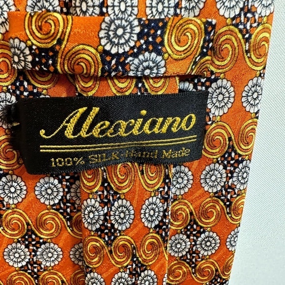 Alexiano Mens Necktie 100% Silk Hand Made Neckwear Tie Knot Orange Sliver Black - Picture 1 of 9